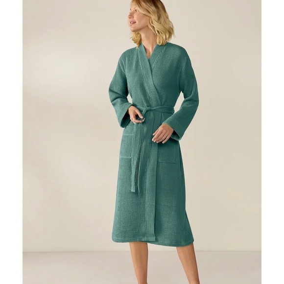 Coyuchi Other - Coyuchi Organic Cotton Unisex Waffle Robe in Spruce Green S/M Self Tie NEW!!